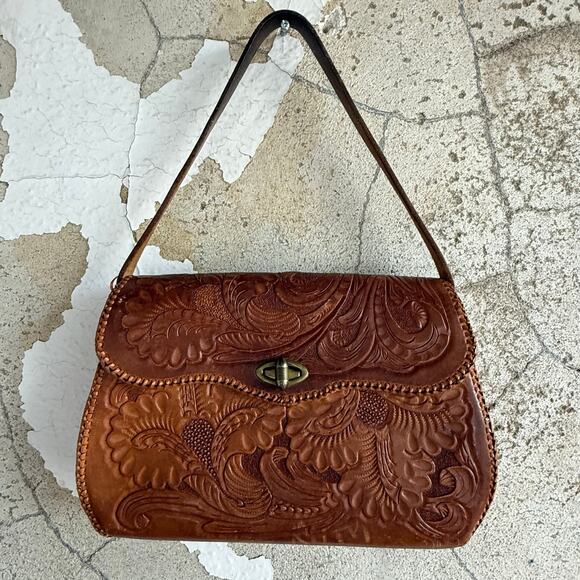 Vintage Handbags - Vintage Tooled Leather Floral Bag Western Boho Shoulder Purse Turn Lock 1970s